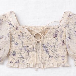 H&M Smocked Floral Cottagecore Blouse | Flutter Sleeve Ruched Top | Size S